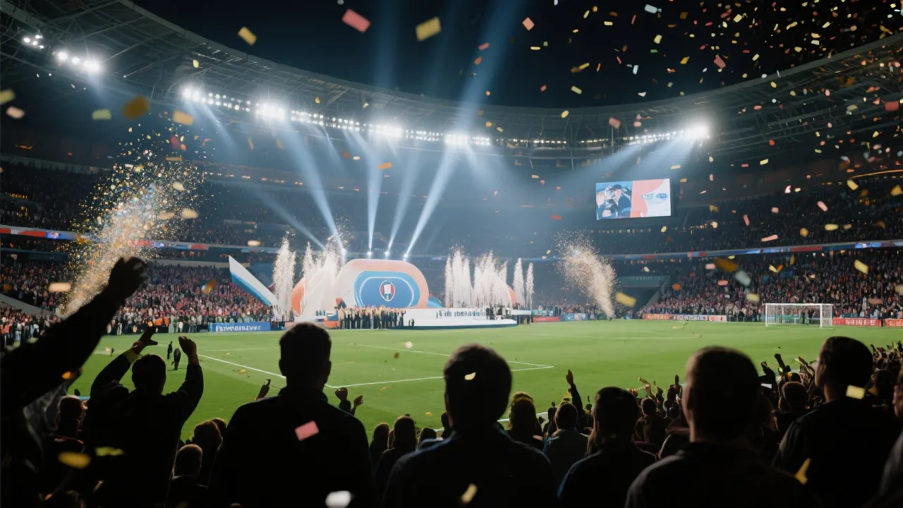 世界杯开幕夜球场内灯光与观众剪影的氛围画面