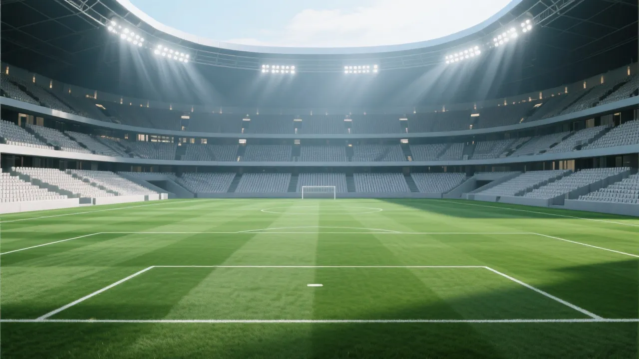 现代化足球场内部看台与草皮视角，灯光与观众席层次分明